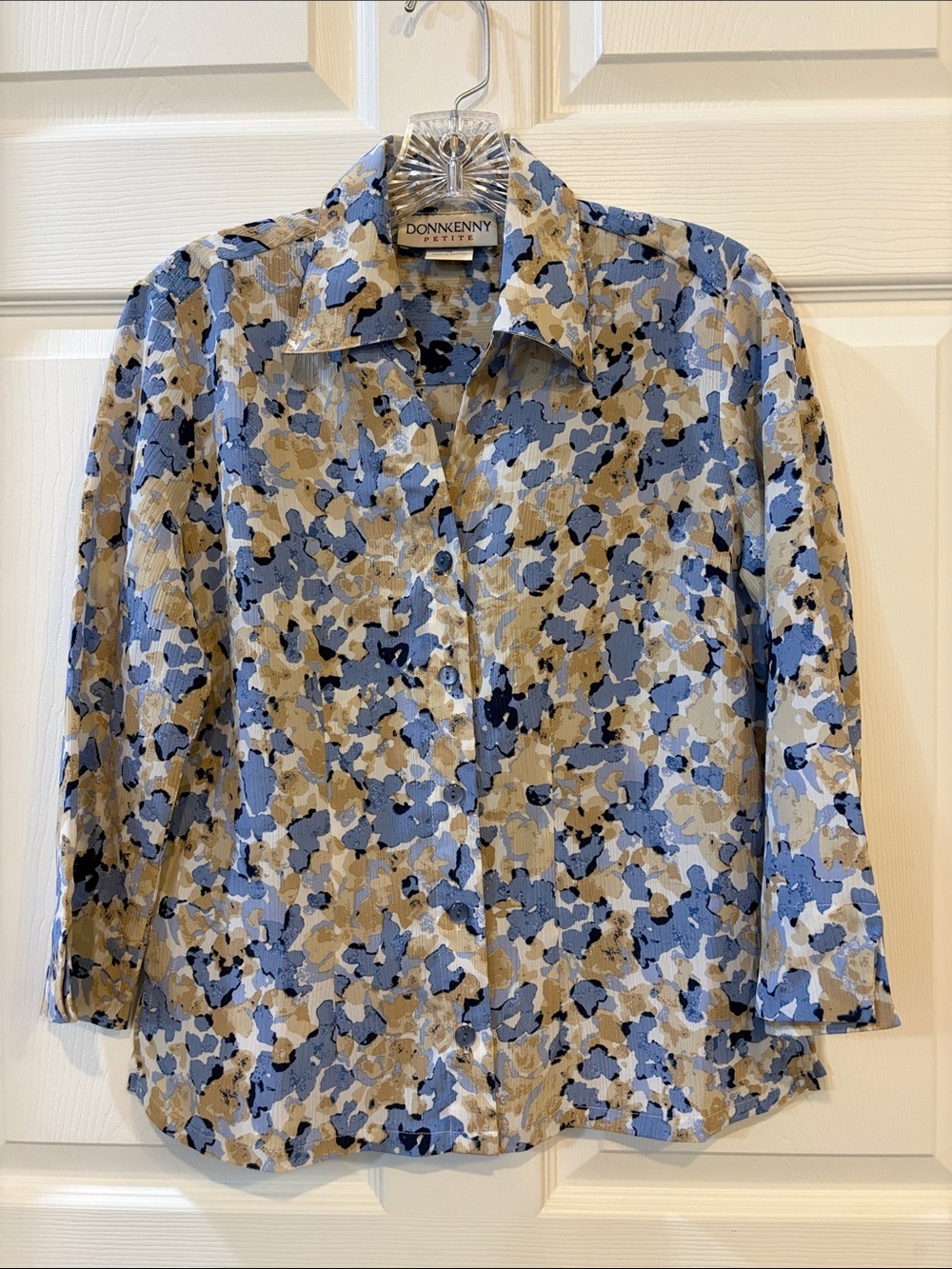 Donnkenny Petite Blue and Tan Floral-Print Button Down Shirt